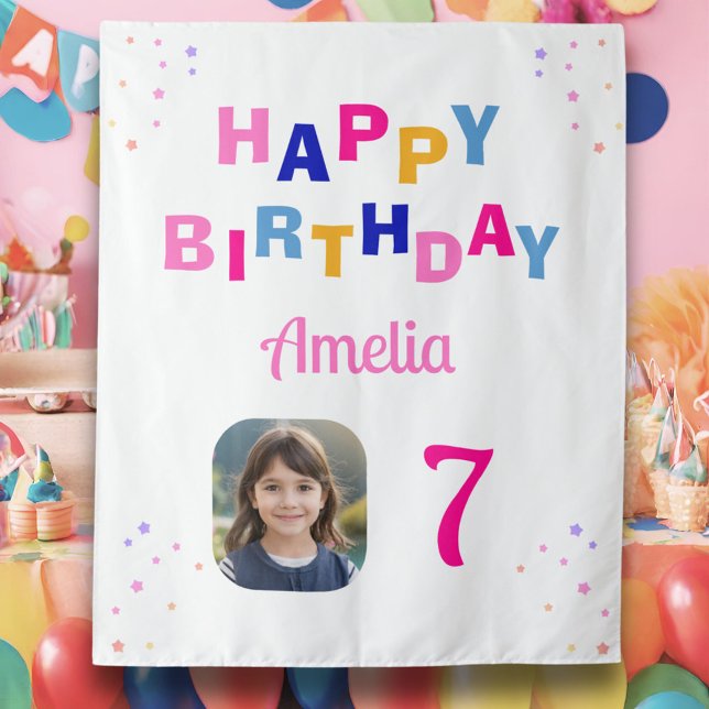 Happy Birthday Pink Stars Girl Foto Hintergrund Wandteppich (Von Creator hochgeladen)