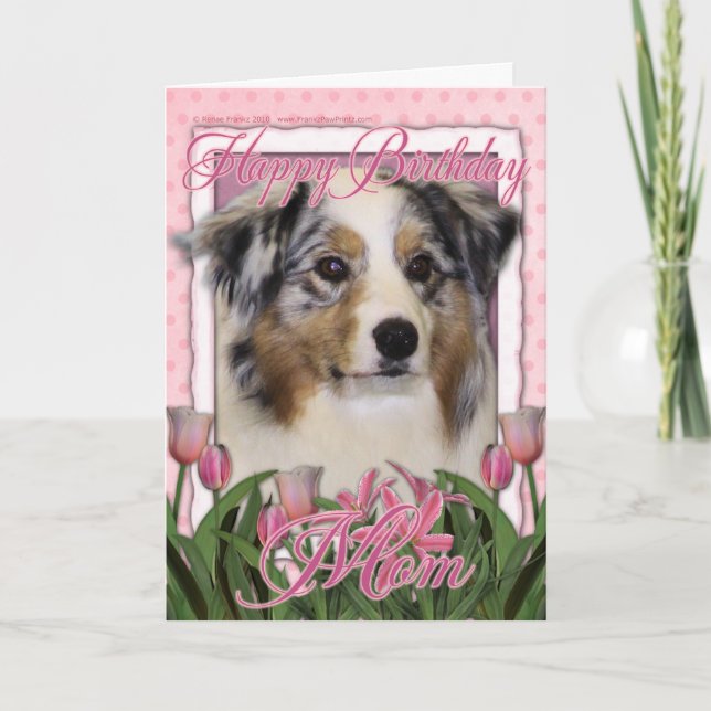 Happy Birthday - Pink Tulips - Australian Shepherd Karte (Vorderseite)