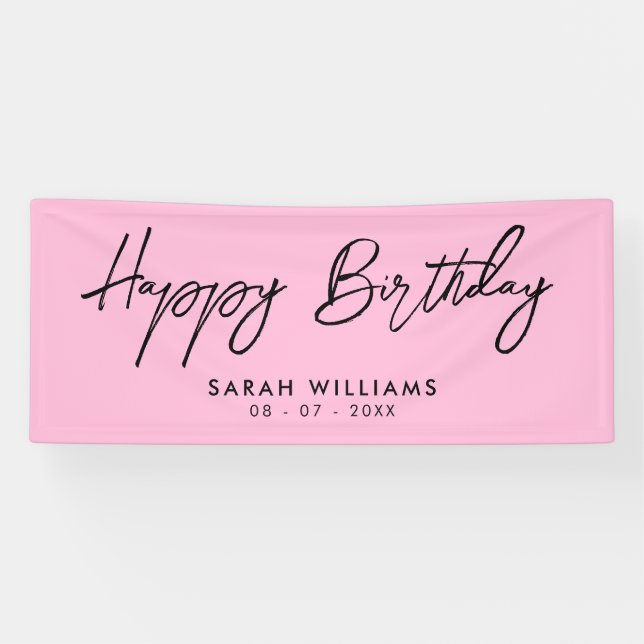 Happy Birthday Pink und Black Modern Script Banner (Horizontal)