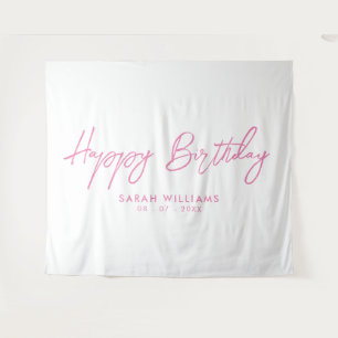 Happy Birthday Pink und White Modern Script Wandteppich
