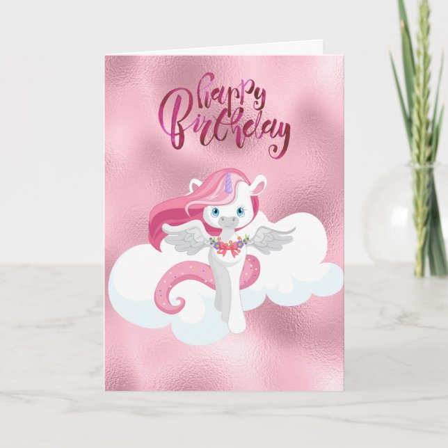 Happy Birthday Pink Unicorn Pegasus Gruß Karte (Vorderseite)