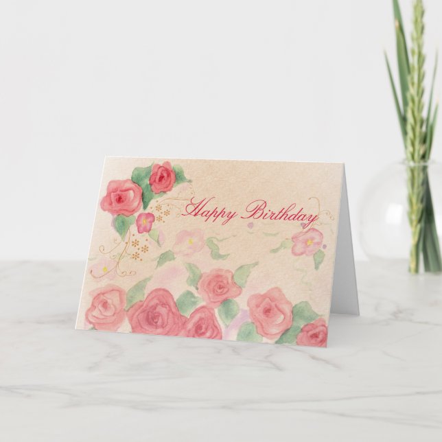 Happy Birthday Pink Viktorianische Rose Wasserfarb Karte (Vorderseite)