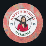Happy Birthday Pink Watercolor Photo Personalize  Große Wanduhr<br><div class="desc">Happy Birthday Pink Watercolor Photo Personalize Clock is great to celebrate the birthday every day. Personalize it with photo,  name and age.</div>