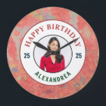 Happy Birthday Pink Watercolor Photo Personalize  Große Wanduhr<br><div class="desc">Happy Birthday Pink Watercolor Photo Personalize Clock is great to celebrate the birthday every day. Personalize it with photo,  name and age.</div>