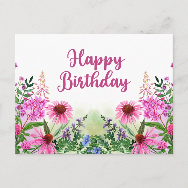 Happy Birthday Pink Watercolor Wildblumen Postkarte (Vorderseite)