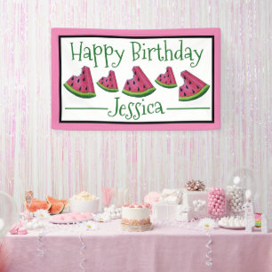 Happy Birthday Pink Watermelon Slice Frucht Picnic Banner