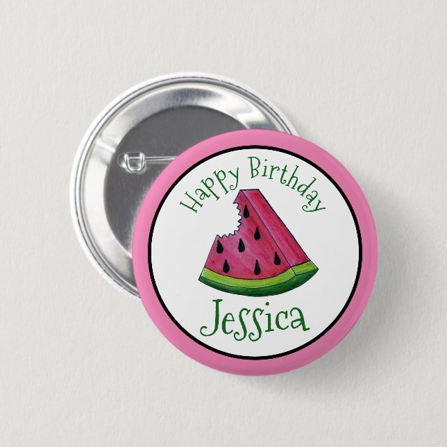 Happy Birthday Pink Watermelon Slice Frucht Picnic Button (Vorne & Hinten)