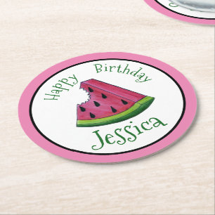 Happy Birthday Pink Watermelon Slice Frucht Picnic Runder Pappuntersetzer