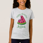 Happy Birthday Pink Watermelon Slice Frucht Picnic T-Shirt<br><div class="desc">Das Design zeigt eine originelle Marker-Illustration eines Keils von saftig rosa Wassermelone mit schwarzen Samen und einer grünen Rinde. Ideal für eine Geburtstagsfeier, ein Picknick oder eine andere "süße" Feier. Personalisieren Sie einfach mit Ihren Informationen. Dieses Melondesign ist auch auf anderen Produkten erhältlich. Auch die Gestaltung der Projekte wird koordiniert....</div>