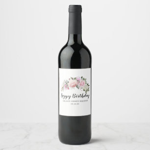 Happy Birthday Pink White Floral Wine Label Weinetikett