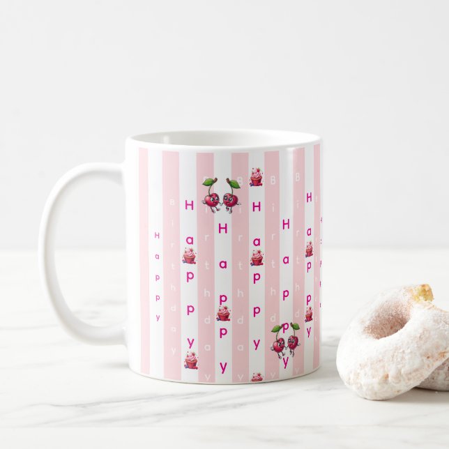 Happy Birthday Pink & White Stripe  Kaffeetasse (Mit Donut)