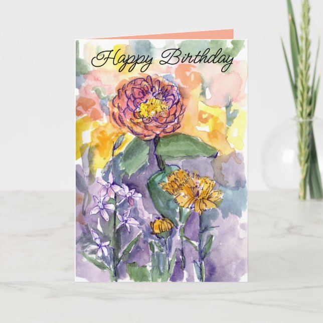 Happy Birthday Pink Zinnias Watercolor Garden Karte (Vorderseite)