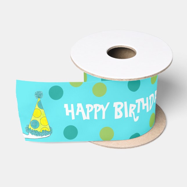 Happy Birthday Polka Dot Party Hats Yellow Blue Satinband (Spule)