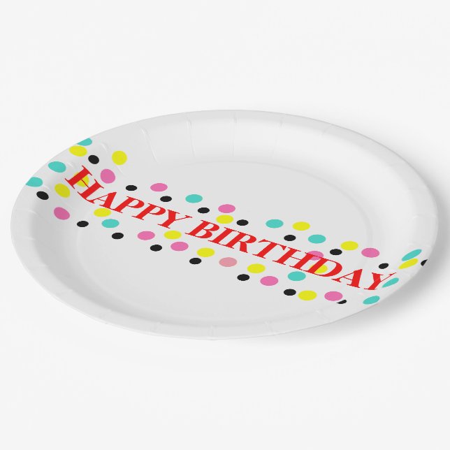 Happy Birthday Polka Dots Pappteller (Schrägansicht)