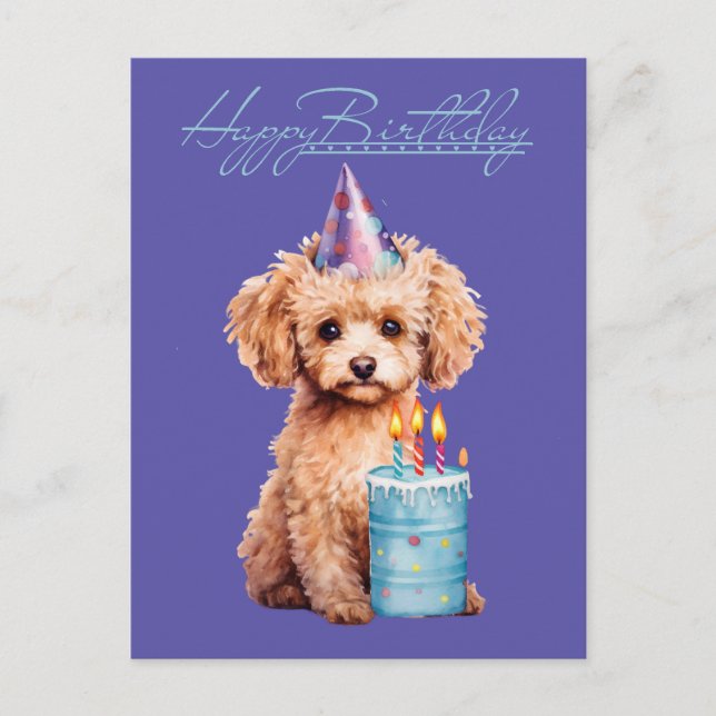 Happy Birthday Poodle mit Party Hat & Bday Cake Postkarte (Vorderseite)