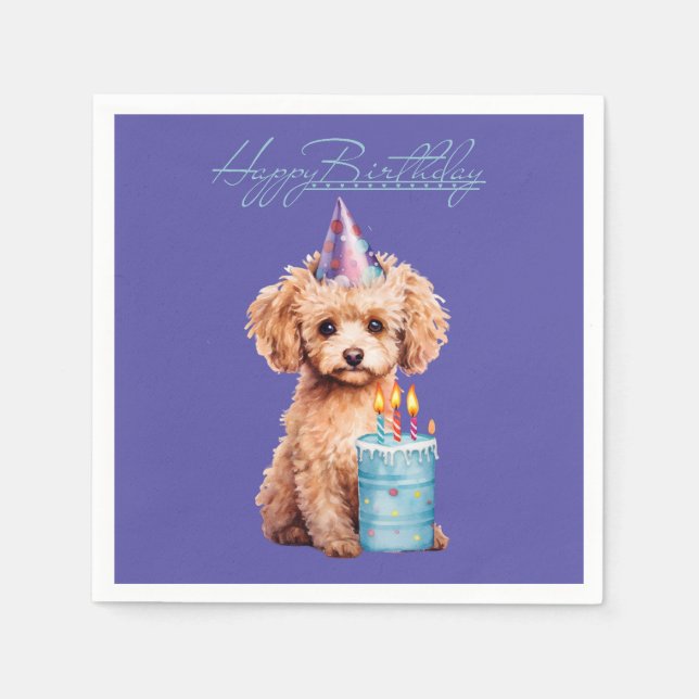 Happy Birthday Poodle mit Party Hat & Bday Cake Serviette (Vorderseite)