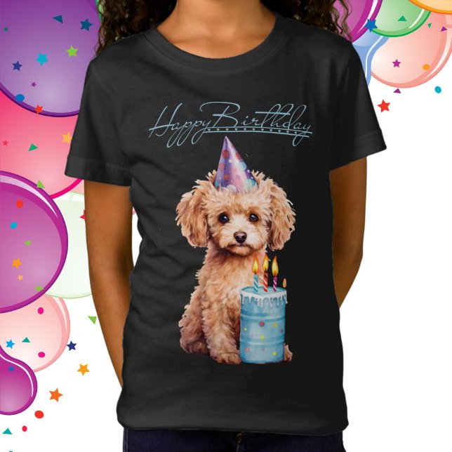 Happy Birthday Poodle mit Party Hat & Bday Cake T-Shirt (Poodle Puppy Birthday Tee)