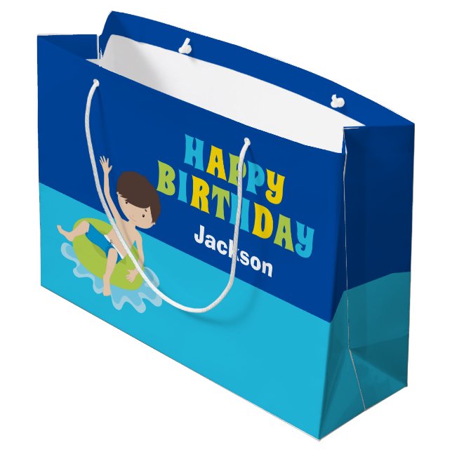 Happy Birthday Pool Party Custom Boys Name Große Geschenktüte (Rückseite Schrägansicht)