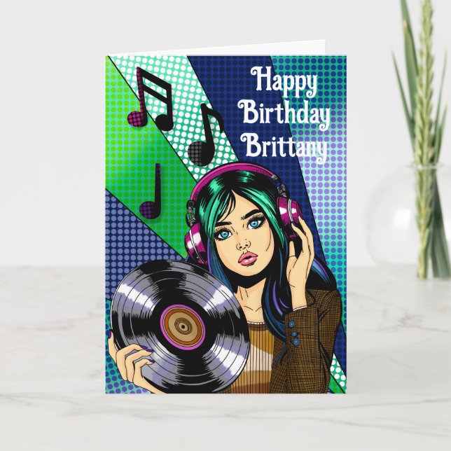 Happy Birthday | Pop Art Girl with Record Karte (Vorderseite)