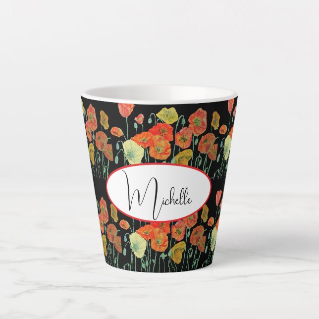 Happy Birthday Poppy Blumenorgel Orange Damen Name Milchtasse (Vorderseite)