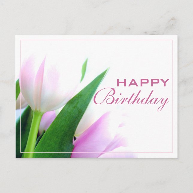 Happy Birthday Postcard mit Tulips Foto Postkarte (Vorderseite)