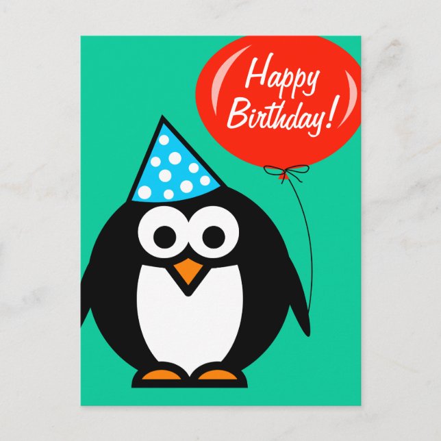 Happy Birthday Postcard | Pinguin mit rotem Ballon Postkarte (Vorderseite)
