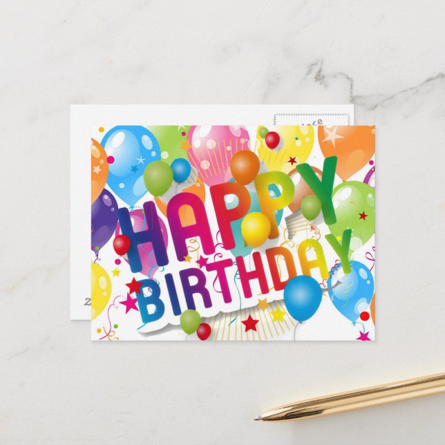 Happy Birthday Postkarte (Happy Birthday text surrounded by confetti and stars.

)