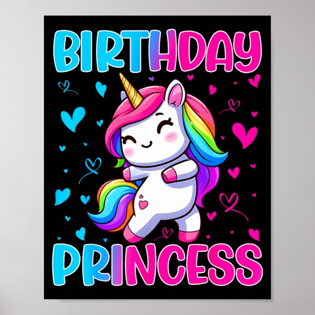 Happy Birthday Princess Unicorn Cute Rainbow Heart Poster (Vorne)