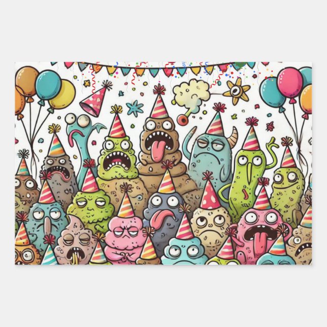 Happy Birthday Puking Monster Geschenkpapier Set (Vorderseite)