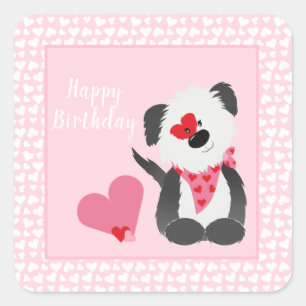 Happy Birthday Puppy Heart Pattern Pink Quadratischer Aufkleber
