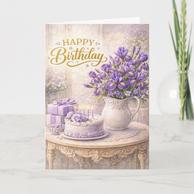 Happy Birthday Purple Iris Cottage Still Life Karte (Vorderseite)