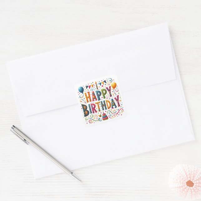 Happy Birthday Quadratischer Aufkleber (Umschlag)