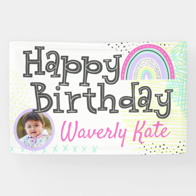 Happy Birthday Rainbow Baby Girl's Kawaii Foto Banner (Horizontal)