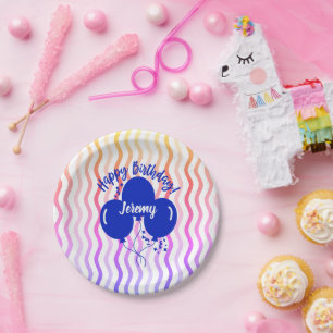 Happy Birthday Rainbow Blue Balloons Personalisier Pappteller