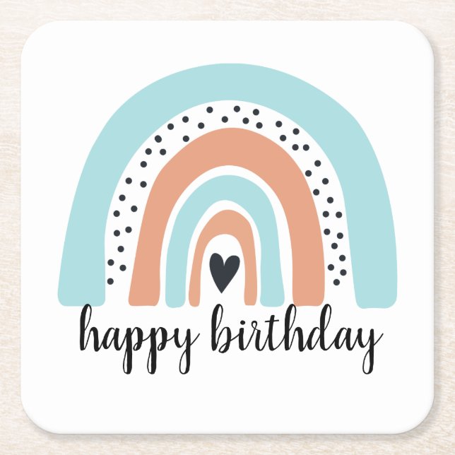 Happy Birthday Rainbow Blue Peach Rechteckiger Pappuntersetzer (Vorderseite)