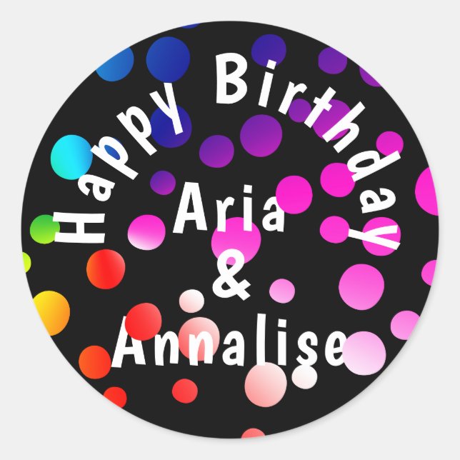 Happy Birthday Rainbow Dots on Black Runder Aufkleber (Vorderseite)