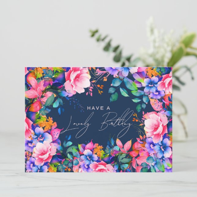 Happy Birthday Rainbow Garden Floral Navy Karte (Stehend Vorderseite)