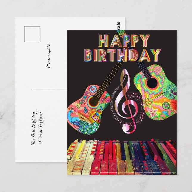 Happy Birthday Rainbow Guitar Piano | Postkarte (Vorne/Hinten)