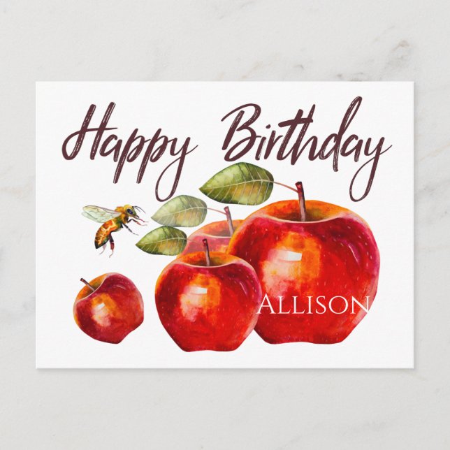Happy Birthday Red Apple Watercolor Card Postkarte (Vorderseite)