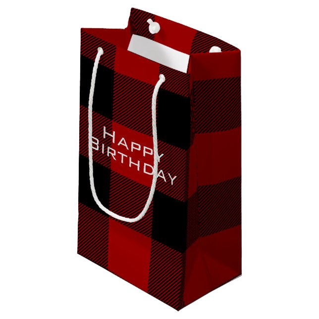 Happy Birthday Red Black Buffalo kariert Kleine Geschenktüte (Vorderseite Schrägansicht)