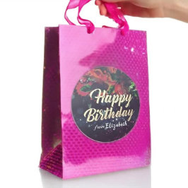 Happy Birthday Red Floral Gold Script Lila Light Runder Aufkleber