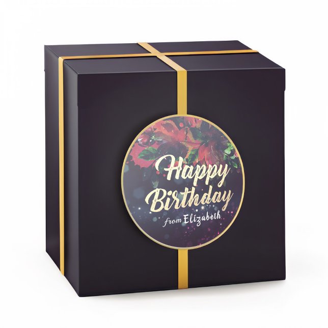 Happy Birthday Red Floral Gold Script Lila Light Runder Aufkleber (Von Creator hochgeladen)