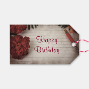 Happy Birthday Red Floral mit Pen und Papier Geschenkanhänger