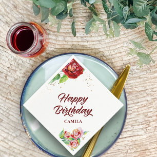 Happy Birthday Red Gold Vintag Floral Rose Custom Serviette