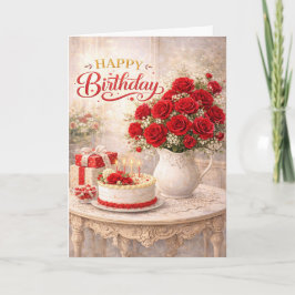 Happy Birthday Red Rose Cottage Still Life Karte