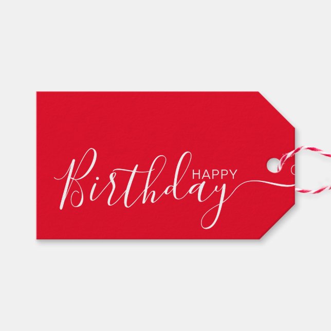 Happy Birthday Red White Modern Geschenkanhänger (Vorderseite (Horizontal))