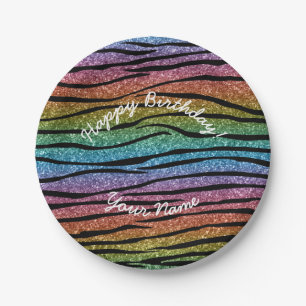 Happy Birthday Regenbogen Glitzer Zebrastreifen Pappteller