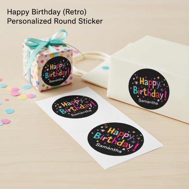 Happy Birthday (Retro) Personalisierter Rundsticke Runder Aufkleber (Happy Birthday (Retro) Personalized Round Sticker)