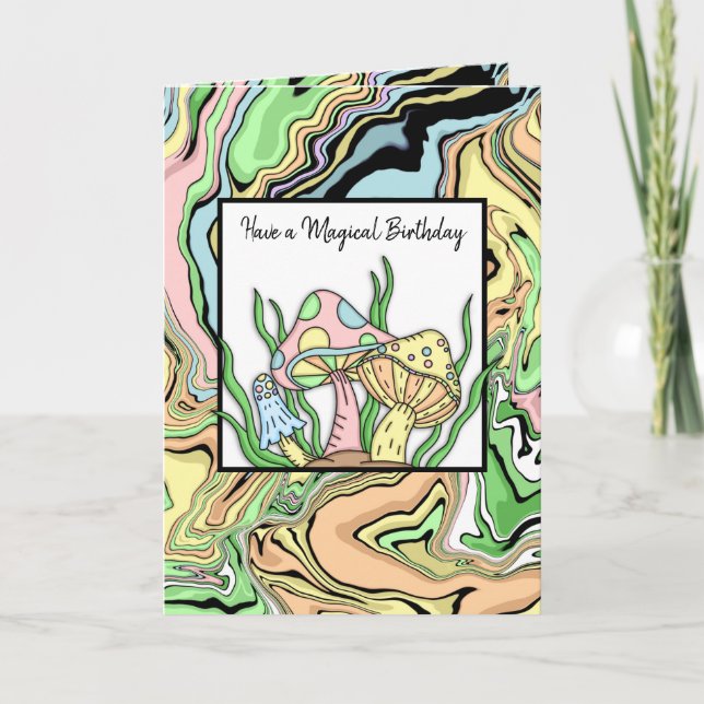 Happy Birthday Retro Pilze und Farbseite Karte (Vorderseite)