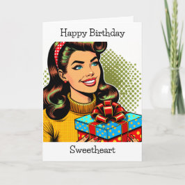 Happy Birthday | Retro Pop Art Woman Holding Gift Karte